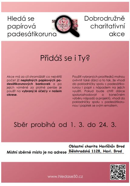obrázek: Oblastní charita Havlíčkův Brod hledá papírové padesátikoruny